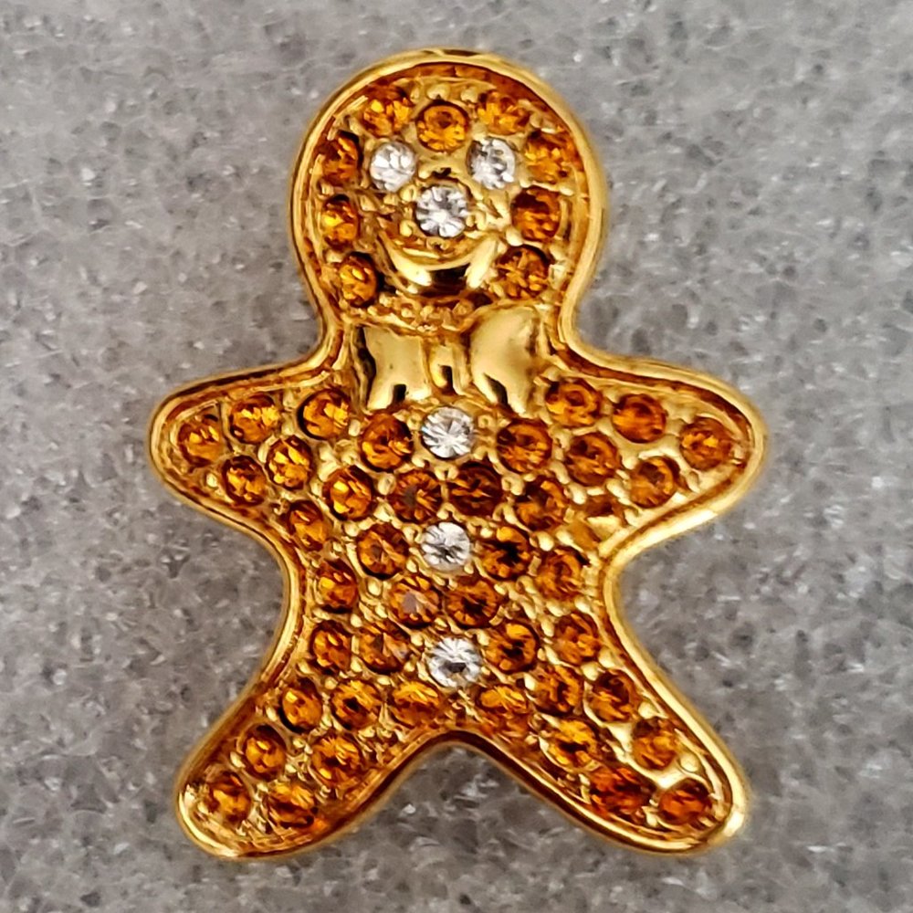 Signed Monet Amber Rhinestone Gingerbread Man Gold Tone Pin